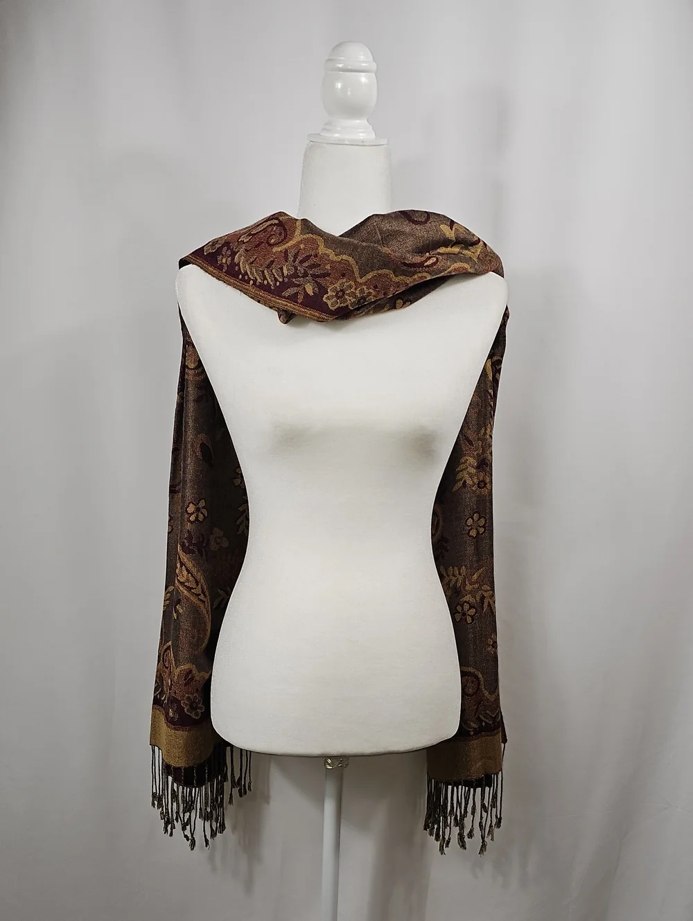 Cashmere Silk Pashmina Scarf Brown Paisley Floral Fringe Wrap Shawl Festival